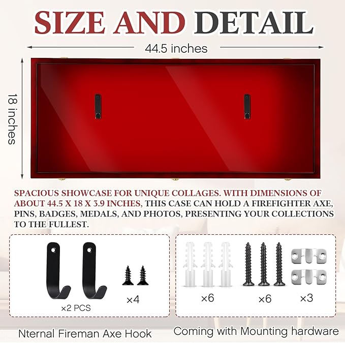 44.5'' Firefighter Fireman Axe Display Case Wooden Wall Mount Storage Display Rack with Hanger Stand Lock W/ 98% UV Protection Acrylic Clear Door for Retired Firefighter Collector Memorabilia