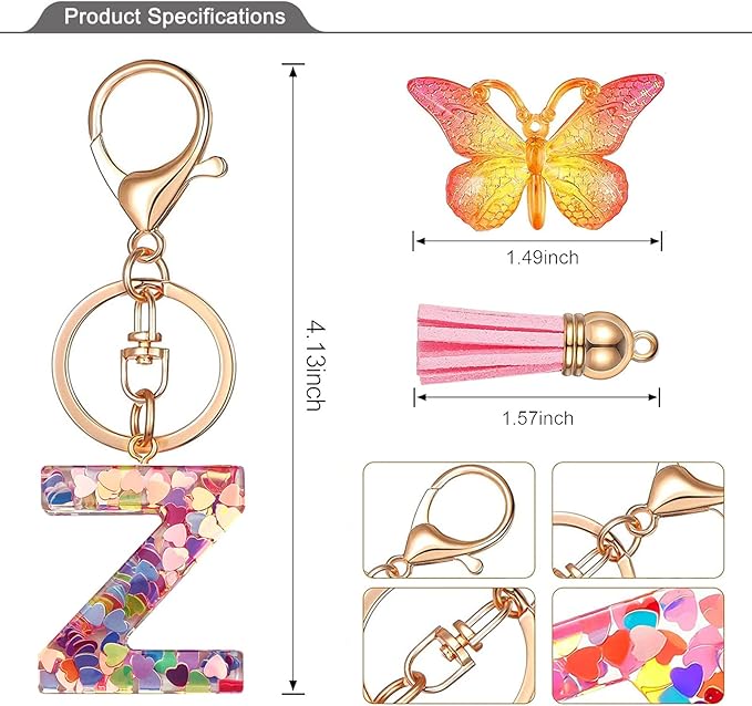 JINGUAZI Initial letter Keychains for Women Tassel Butterfly Pink Purple Cute Car Keychain for Wallet Backpack bag charm
