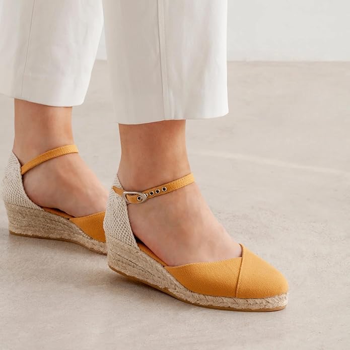 Girona Authentic Spanish Espadrille Wedge Sandals for Women - Sustainable, Eco Friendly, Vegan Shoes. Classic Style, Organic Cotton Canvas Upper, Comfy Insole, Jute Midsole, Rubber Sole. Made in Spain