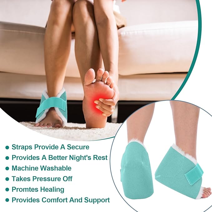2 Pcs Heel Protectors for Pressure Sores Sheepskin Heel Pads Soft Foot Cushions Pad Protectors Adjustable Foot Pillows with Securing Strap for Bed Sore Ankle Ulcers(Teal)