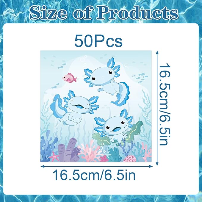 Axolotl Birthday Decorations, Disposable Paper Blue Axolotl Birthday Decorations Napkins Supplies Pack of 50, Cute Party Baby Shower Decor Size 6.5 Inch