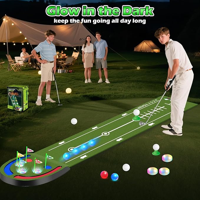 Upgraded Golf Putting Mat for Kids, Putting Green with LED Light up Holes, Glowing Balls, 2 Clubs, Toy Golf Set, Golfing Mats Indoor Outdoor, Sport Game Golf Gift for for Kids Teens Family