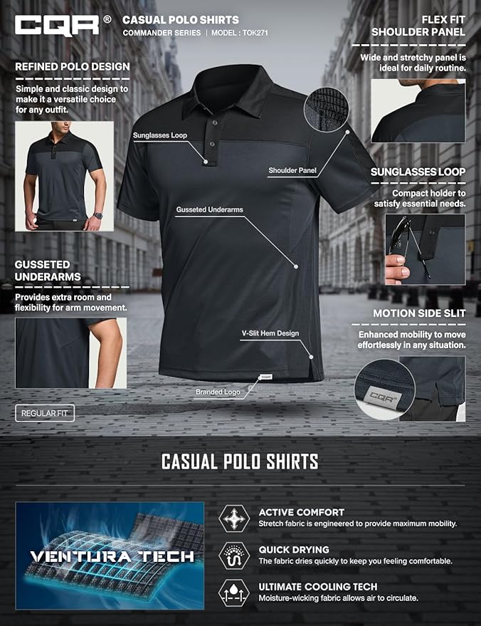 CQR Men's Polo Shirts, Tactical Short Sleeve Golf Performance Shirts, Lightweight Dry Fit UPF 50+ Pique