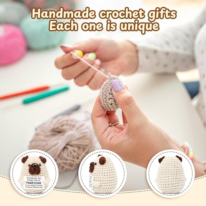 Mini Positive Crochet Dog，Funny Emotional Support Crochet Stuffed Gifts Cute Crochet Animals with Positive Messages Emotional Support Crochet Animals Handmade Crochet Puppy Inspirational Crochet Gift