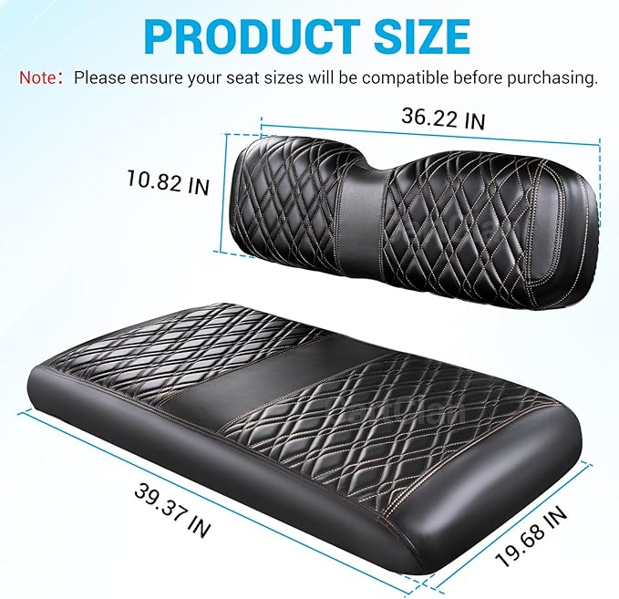Golf Cart Seat Covers Suitable for EZGO TXT Standard Front Seat Cushion, EZGO Front Seat Covers Kit No Drilling & Waterproof (Black PVC Leather & Brown Stitching)