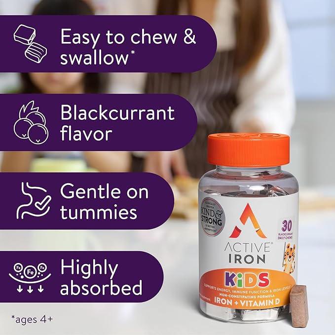 Active Iron Supplement 7mg + Vitamin D for Kids – Increases Iron & Energy Levels – Gentle, Non-Constipating Blackcurrant Chews – Highly Absorbed – Supports Growth & Immune Health – 30 Chews