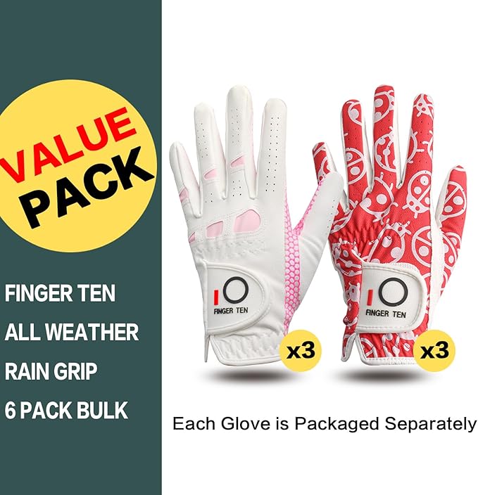 FINGER TEN Women’s Golf Gloves Ladies Left Hand Right Handed Golfer Value 6 Pack, All Weather Rain Grip Glove Pink Fit Small Medium Large XL