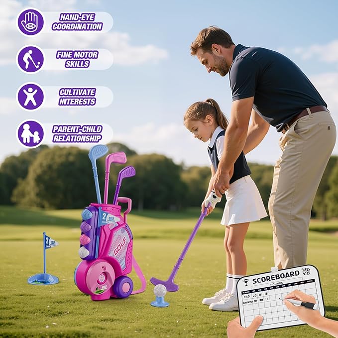 Toddler Golf Set 2-4 Years, Kids Golf Club with 8 Balls, 4 Plastic Clubs, Putting Mat, Scoreboard, Storage Bag, Indoor Outdoor Game with Golf Cart Sport Toy Gift for Baby Boys Girls Age 3-5, Pink