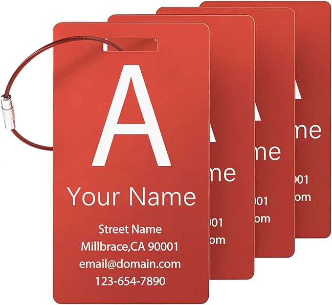 4 Pack Personalized Luggage Tags, Custom Engraved Aluminum Luggage Tags with Your Personalized Text, Waterproof Metal Name Tags with Steel Loop for Bags, Suitcase, Baggage, Backpack (Red, Large)