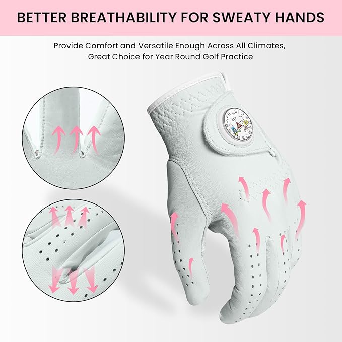 FINGER TEN Golf Gloves Women All Premium Cabretta Leather 1 Pack, Soft Comfortable & Breathable Grip Glove with Ball Marker Left Hand for Right Handed Golfer