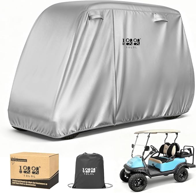 10L0L Golf Cart Cover 2/4/4+2 Passenger for Yamaha EZGO Club Car, Heavy Duty 420D Waterproof Windproof Durable Polyester Golf Cart Cover with 3 Zipper Doors for All-Weather Protection (Black/Silver)