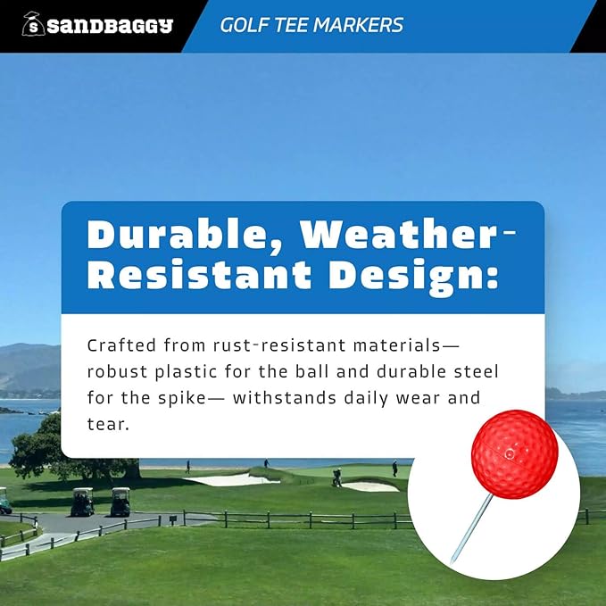 Sandbaggy Plastic Tee Markers for Golf Course (UV Resistant) - Steel Spike - Safety Caps Included