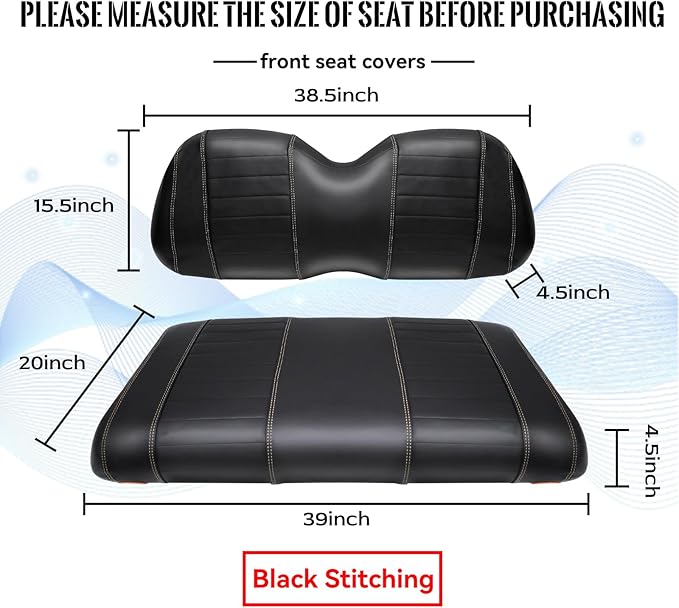 Golf Cart Seat Covers fits Club Car Precedent/DS/EZGO RXV/TXT/Yamaha Front Rear Seat Cushion，Black Leather Custom Stripe Soft Comfortable/Anti-Scratch/Easy to Clean