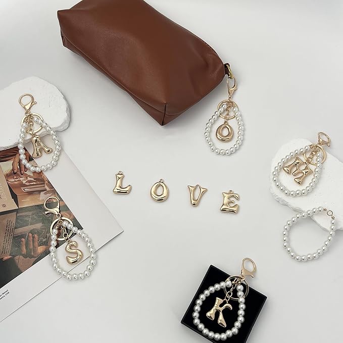 Gold Bubble Heart, Cherry, Bow & More Designs Letter Initial Keychain Bag Charms – Cute Purse Charms for Handbags