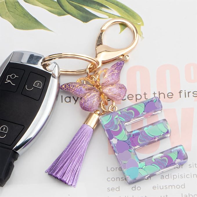 Suweibuke Colourful Cute Initial Letter Keychains for Women Girls with Tassel Butterfly, Charm for Purse Handbags Backpacks