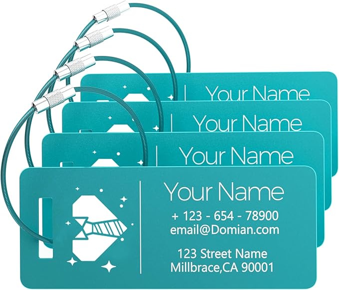 4 Pack Personalized Luggage Tags, Custom Engraved Aluminum Luggage Tags with Your Personalized Text, Waterproof Metal Name Tags With Steel Loop for Bags, Suitcase, Baggage, Backpack (Lake Blue, Small)