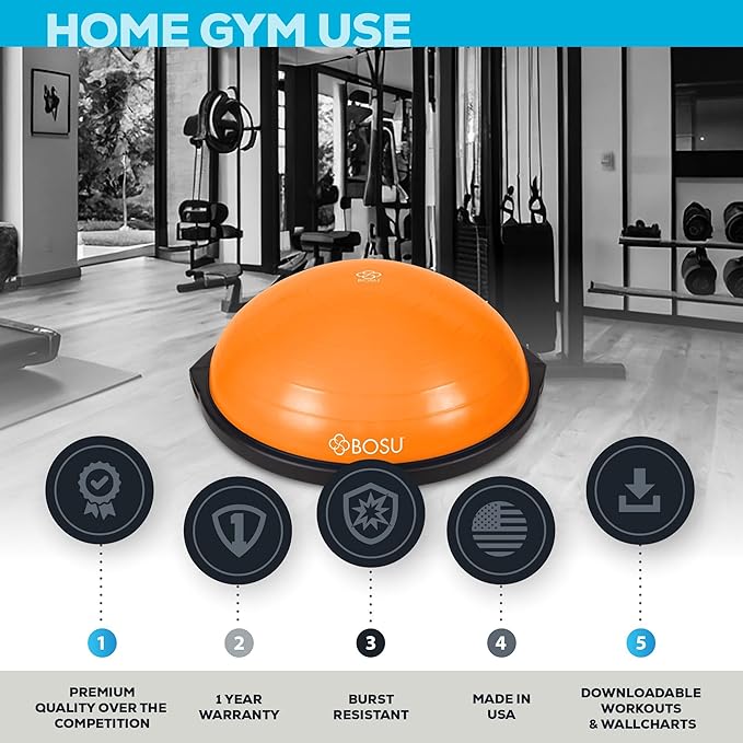 Bosu Balance Ball Exercise Trainer, Home Gym Equipment w/ Guided Workouts & Pump, 26", Blue - Inflatable Fitness Platform for Strength Training, Standing, Balancing, and Core Workout