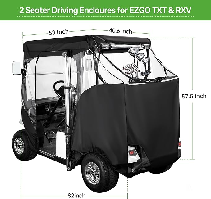 10L0L Golf Cart Enclosure Fit for 2 Passengers EZGO TXT RXV,600D Waterproof Snowproof Golf Buggy Keep Warm Cover, 2 Door Zippers 4-Side Clear Window and 4 Windproof Hooks Golf Cart Rain Cover, Black