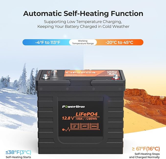 12V 100Ah LiFePO4 Battery, PowerUrus 12V 100Ah BCI Group24 LiFePO4 Lithium Battery with APP, 100A BMS, 4000+ Deep Cycle LiFePO4 Battery,12V Lithium Iron Phosphate Battery for RV, Solar, Trolling Motor