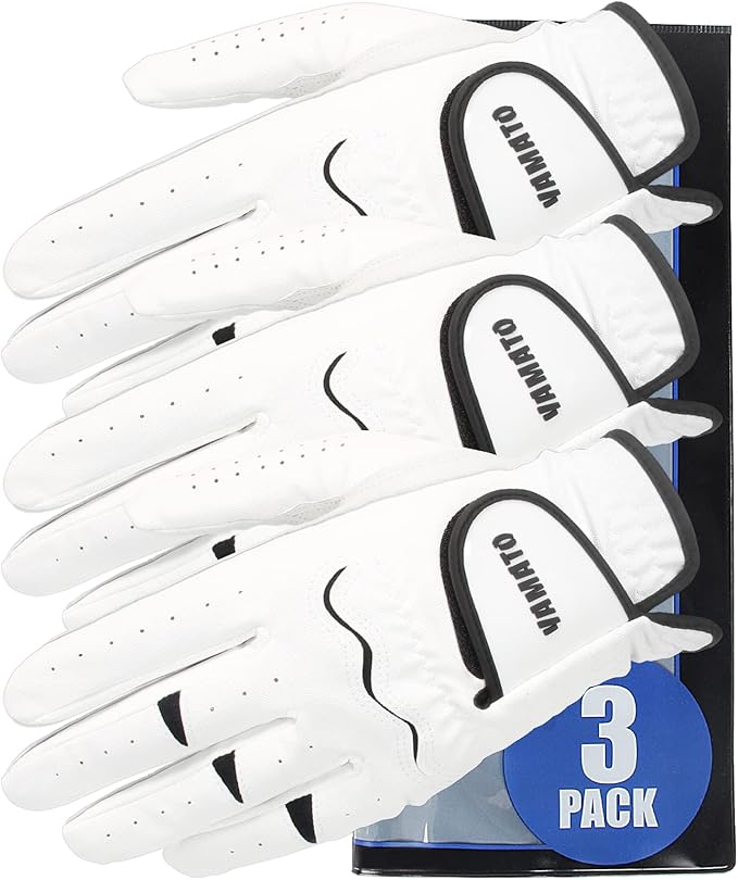 Yamato 3 Pack Men's Golf Gloves - Durable White Cabretta Leather All Weather Gloves for Right Handed Golfers, Breathable, Soft Comfortable Grip