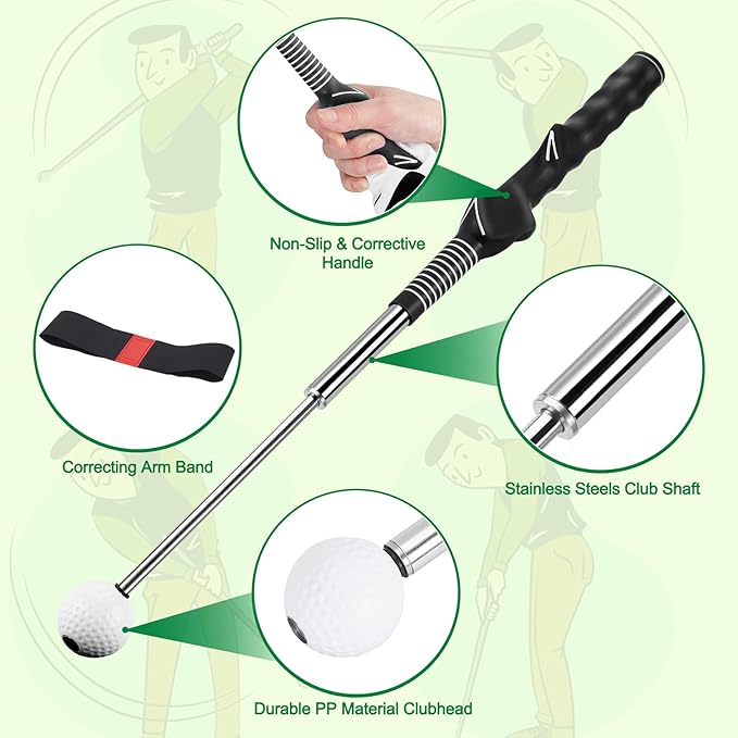welspo Retractable Golf Swing Trainer Aid with Arm Band, Rhythm Click Sound, Warm-Up and Grip Trainer, Right-Handed Golf Club for Improve Chipping and Hitting Strength