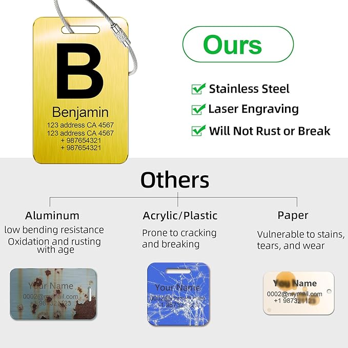 Customized Stainless Steel Luggage Tags: Personalize Your Suitcases, Backpacks, and Bags with Your Text - Custom Initial Text Name ID,Number 2"x3.3"(4 Pack)