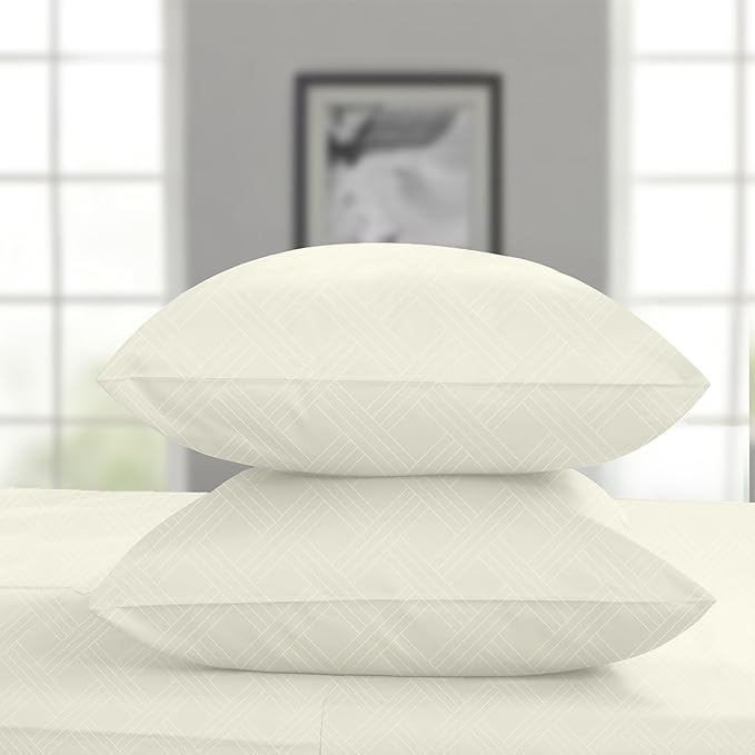 Threadmill Luxury 100% Cotton Full Bed-Sheets - 800 Thread Count Jacquard Celine Ivory,4 Pc Striped Best Sheets for Bed, Damask Sheets with Elasticized Deep Pocket