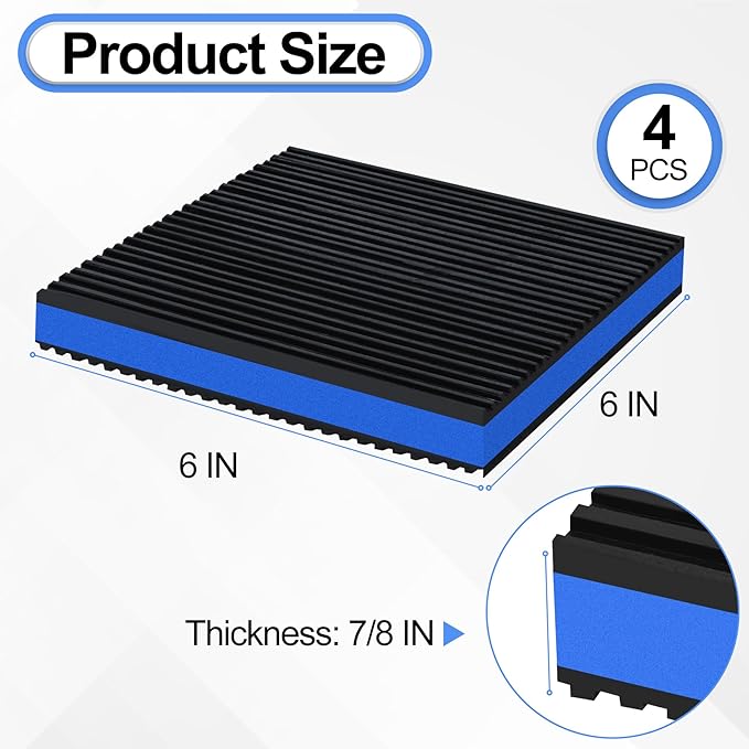 4 Pack Anti Vibration Pads for Washing Machine 6"x6"x7/8", Sound Isolation Vibrating Pad Ribbed Rubber Damping Mat EVA Center for Air Compressors, Conditioner, Treadmill, HVAC Washer Dryer