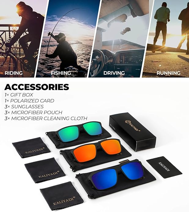 KALIYADI Polarized Sunglasses for Men and Women, Mens Sun Glasses with UV Protection for Driving Fishing Golf (3 Packs)