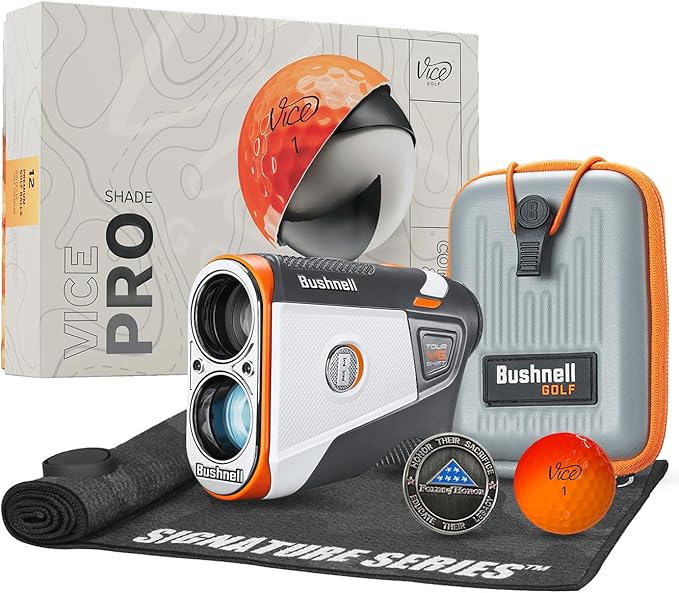 Bushnell Golf Tour V6 Shift Laser Rangefinder with Vice Balls | Slope Compensation, PinSeeker, Magnetic Mount, 1300 YD Range, 6X Magnification | Signature Series Golf Towel