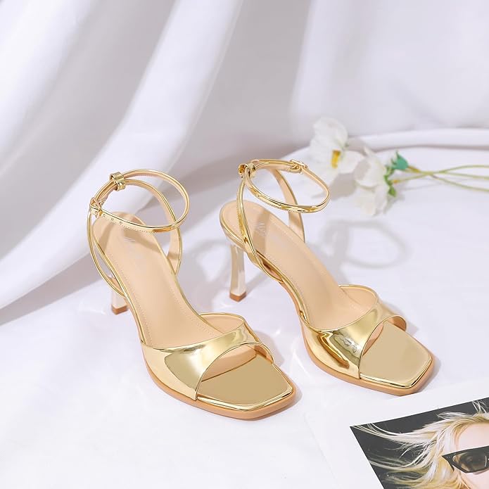 Mostrin Strappy Heels for Women Square Open Toe Lace Up Heeled Sandals Ankle Strap Sexy Stiletto High Heels for Party, Prom, Dating, Wedding