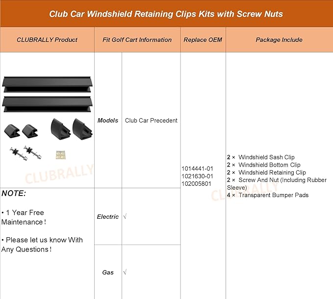 Club Car Precedent Golf Cart Windshield Retaining Clips Kits with Screw Nuts, OEM#1014441-01, 1021630-01