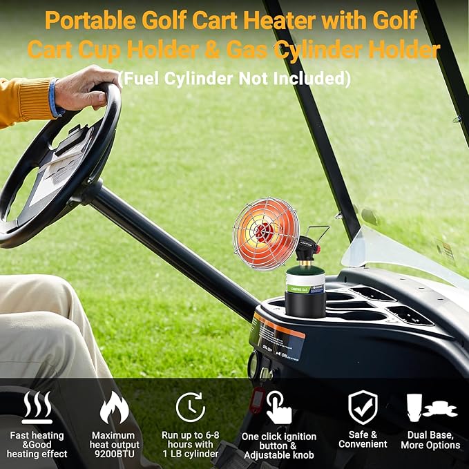 Golf Cart Heater,9,200BTU Portable Propane Camping Heater,2-in-1,with Cup Holder&Foldable Propane Cylinder Stand for EZGO Yamaha Club Car,Camping,Tents,Hunting,Ice Fishing(Fuel Cylinder not included)