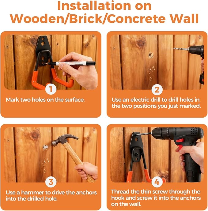 Garage Hooks Heavy Duty - 20 Pack Garage Wall Hangers with Anti-Slip Coating for Hanging Bikes Ladders Garden Tools Orange