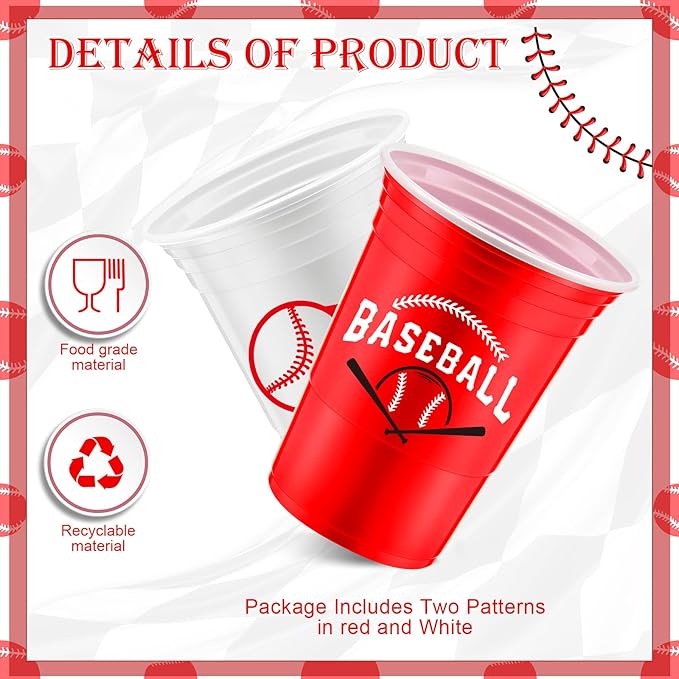 Norme 48 Pcs Baseball Party Supplies Bulk 16 oz Baseball Party Thick Plastic Disposable Cup Hot Cold Drink Wine Coffee for Home Holiday Party Supplies Favors