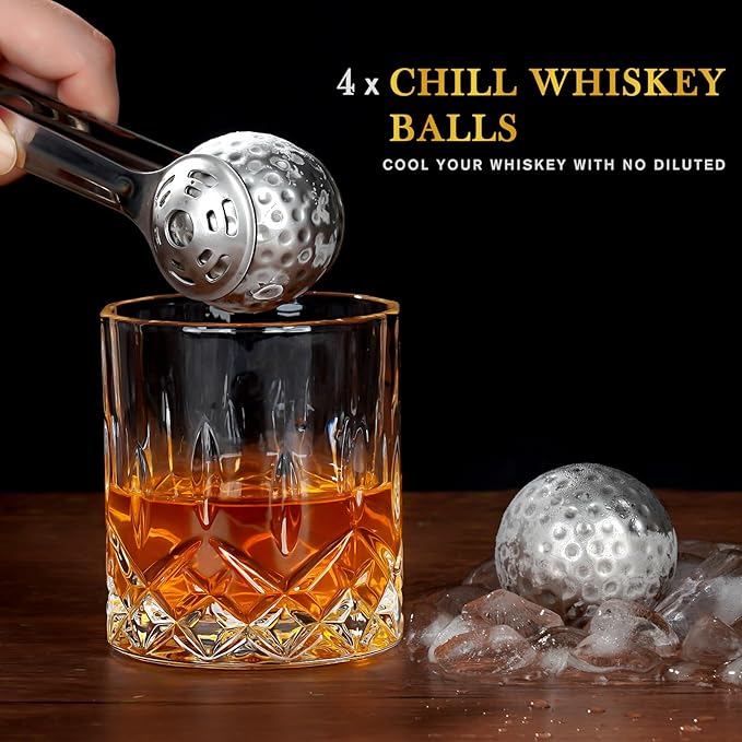 PONPUR Men's Golfer Gifts, Chirstmas Anniversary Birthday Gifts for Dad Him Husband, 4 Whiskey Golf Balls with 1 Tongs, Reusable Stainless Steel Golf Ice Balls Whiskey Gift for Golf Lover