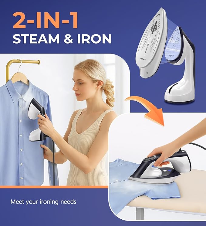 Steamer for Clothes, 1600W 2-in-1 Steamer & Iron with Large Ceramic Plate, Powerful Turbo Steam, Smart Temperature Control, Auto-Off, Wrinkle Remover for All Fabrics