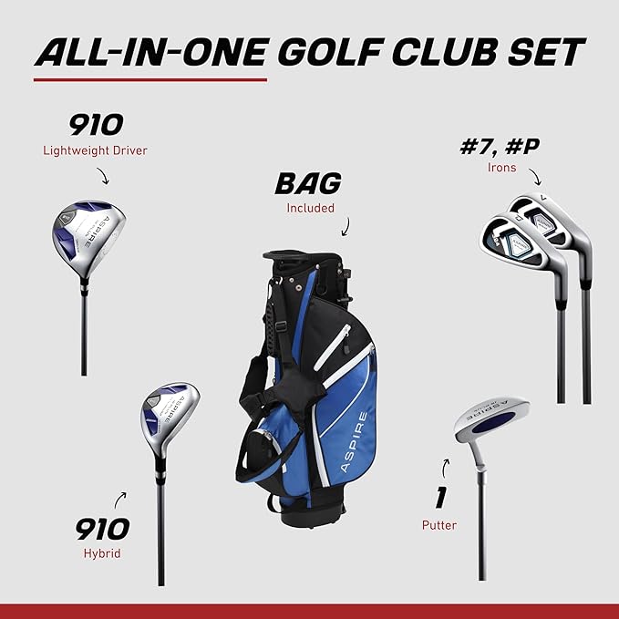Aspire Junior Plus Kids Golf Clubs – Boys’ & Girls’ Right-Handed Golf Set with Lightweight Stand Bag, Graphite Shafts & Aircraft-Grade Aluminum Clubs