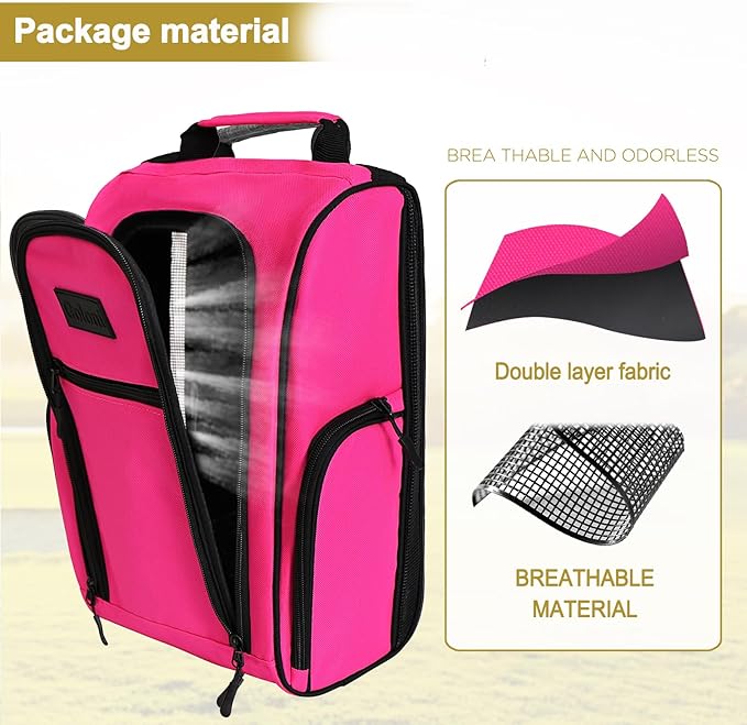 Goloni 2Pcs Golf Shoe Bag for Men & Women, Padded Travel Shoe Bag with Side Accessory Pockets,Sport Shoe Carrier for Golf Shoes,Socks,Tees & Balls,Durable & Lightweight Design (Black+Pink)