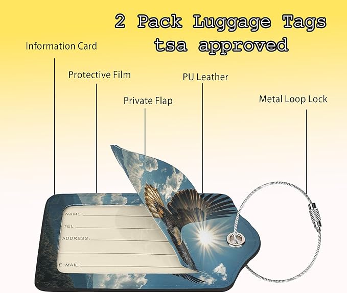 TSA Approved Luggage Tags for Suitcases Eagle Soars into The Sky 2 Pack Funny Leather Carnival Cruise Airport Cute Travel Name Tags Golf Bag tag Ships Essentials Privacy Cover ID Label for Women Men