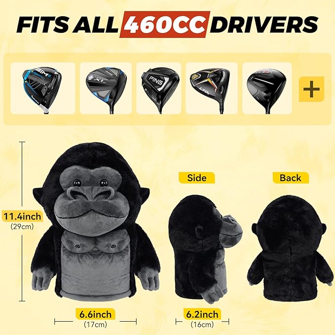 Driver Headcover Funny Golf Headcover Animal Golf Club Head Covers Gorilla Alces Moose Mammoth Design Black Plush Golfing Gifts for Men Women Golfer Fits up to 460CC Driver Head