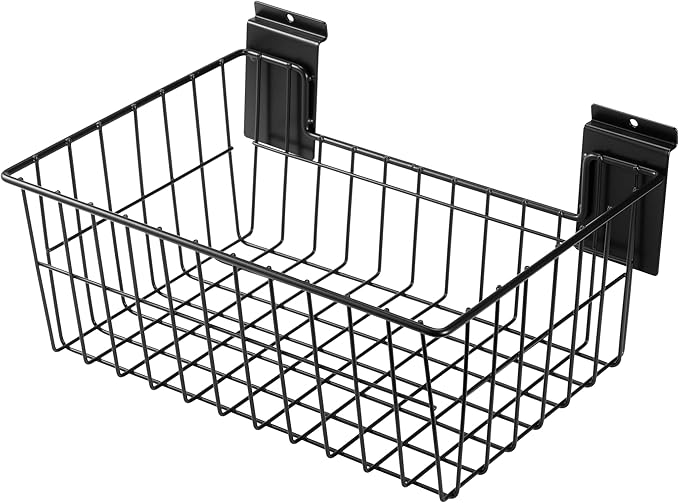 Slatwall Baskets, 15-Inch Width Heavy Duty Steel Wire Slat Wall Hanging Basket - Versatile Slatwall Accessory for Retail, Garage, Office, Sports, Toys, and More (5 Pack)