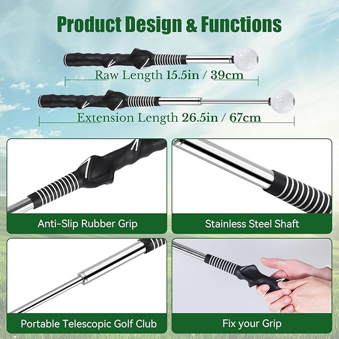 Retractable Golf Swing Trainer - Golf Swing Training Aid with Arm Band,Golf Grip Trainer ＆ Practice Gifts ＆ Swing Tempo Click Stick Right-Handed Training Aid for All Golfers,Indoor & Outdoor Use