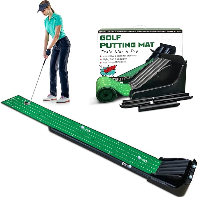Crestgolf Golf Putting Mat, Automatic Ball Return with 4 Unique Flipping Tracks & 2-Player Mode, Professional Non-Slip Practice Putting Green Mat for Indoor Golf Training, Improve Putting Skills