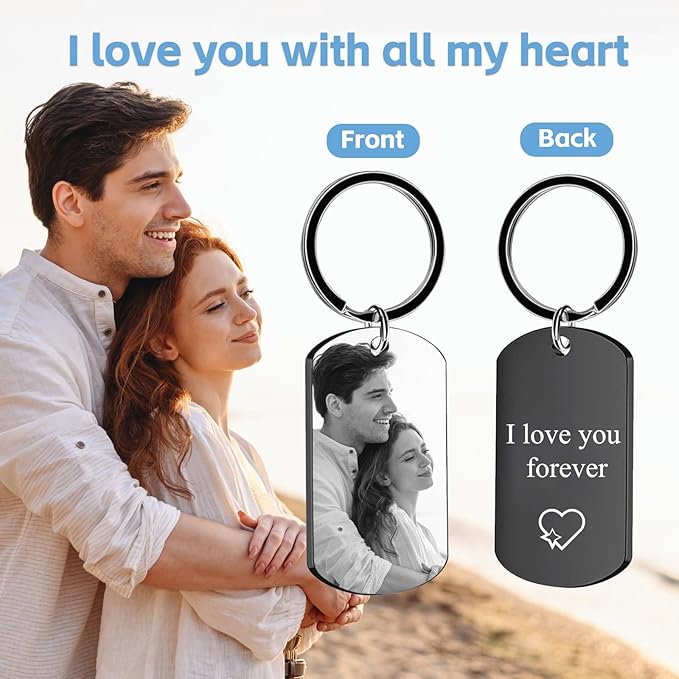 Personalized Custom Keychain with Picture - Double Sided Engraving Photo Text Customized Key Chains for Men Boyfriend