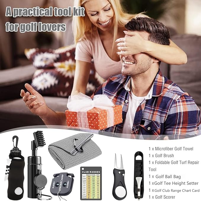 7Pcs Golf Accessories Kit, Include Golf Club Cleaner Towel Ball Bag Divot Tool Score Counter Range Chart Card Tee Elevator