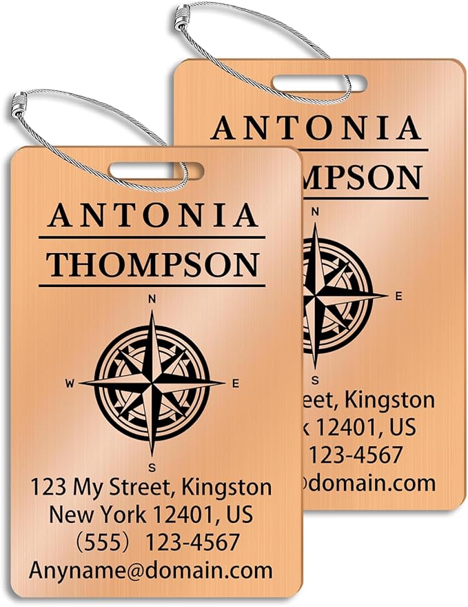 Custom Stainless Steel Luggage Tags (2 Pack) - Personalized Laser Engraved Luggage Tag, Waterproof Durable, for Bags, Backpack Travel, Suitcases (Rose Gold)