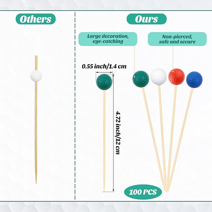 Aodaer 100 Pieces Golf Toothpicks 4.72 Inch Golf Skewers Golf Cocktail Picks Golf Fruit Picks Decorative Toothpicks for Appetizers Cocktail Garnish Sports Party Supplies, Multicolor