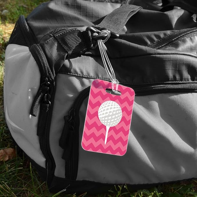 ChalkTalkSPORTS Golf Luggage & Bag Tag | Golf Ball and Tee | Custom Info on Back | Medium | Pink