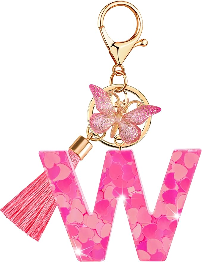 Suweibuke Colourful Cute Initial Letter Keychains for Women Girls with Tassel Butterfly, Charm for Purse Handbags Backpacks